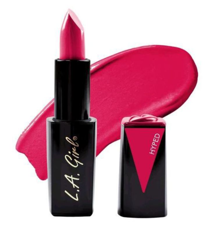 LA Girl Lip Attraction Lipstick in Hyped offers vibrant, glossy color with vitamin E hydration in a sleek magnetic package.