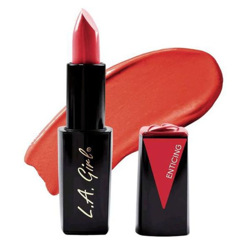 LA Girl Lip Attraction Lipstick in Enticing features glossy, vibrant color with vitamin E hydration for luscious, full lips.