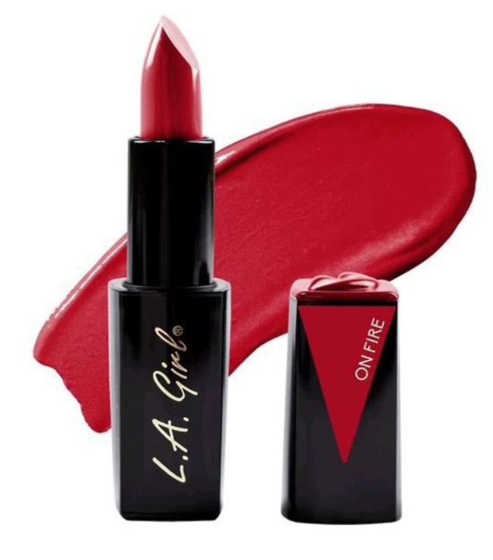 LA Girl Lip Attraction Lipstick in 'On Fire' - vibrant, glossy, hydrating lipstick with intense pigmentation and vitamin E.