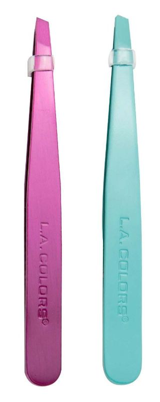 LA Colors Pink and Teal Tweezers, precision grooming tool for shaping brows and removing hair with ergonomic design.