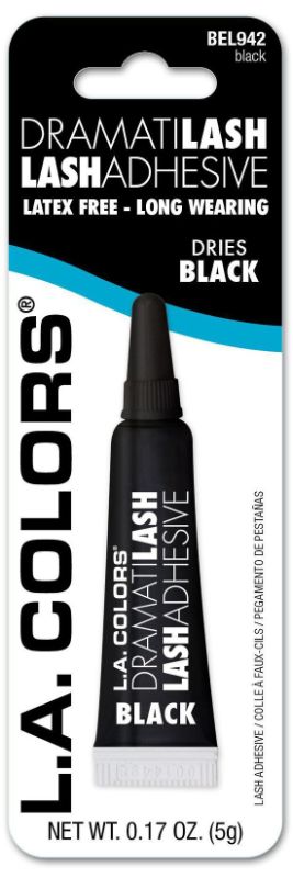 LA Colors Black Eye Lash Glue for secure, long-lasting false lashes, latex-free, dries quickly to a stunning black finish.