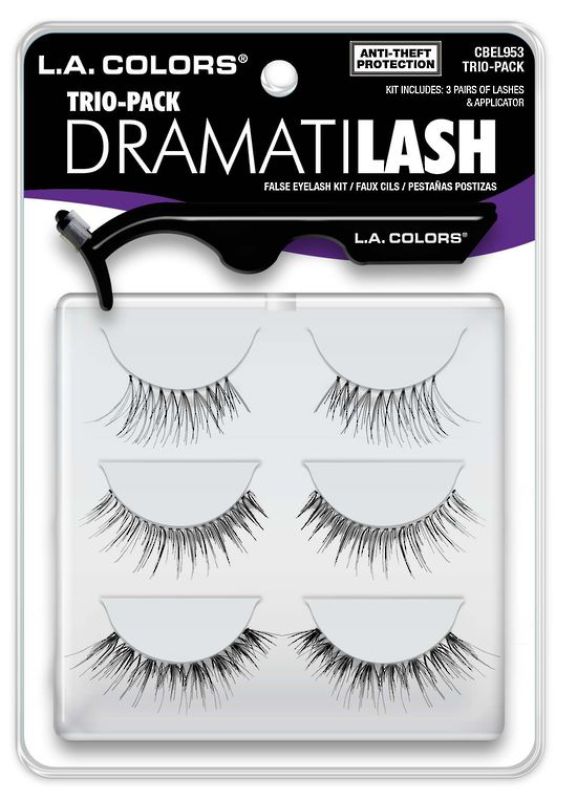 LA Colors Dramatilash Trio-Pack featuring 3 reusable lash pairs and applicator for easy, stunning eye looks.