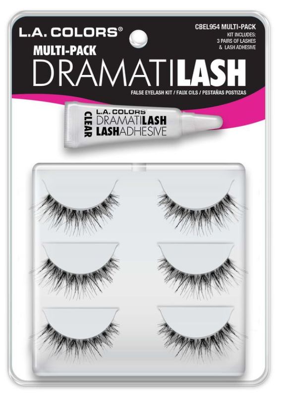 Three pairs of reusable LA Colors Dramatilash lashes with glue, perfect for glamorous eye makeup looks.