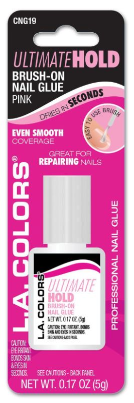 LA Colors Ultimate Hold Nail Glue in Pink with brush applicator for fast, precise application, ideal for artificial nails.