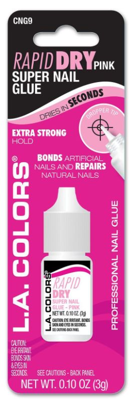 LA Colors Rapid Dry Nail Glue in pink, 3g bottle with dropper tip for quick, strong adhesion and precise application.