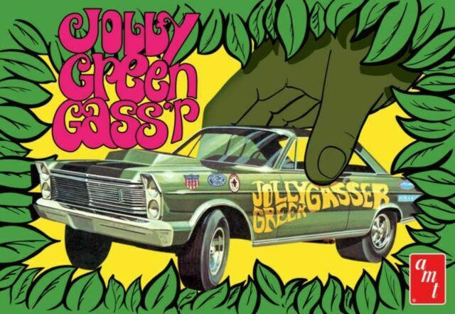 Model kit of a 1965 Ford Galaxie 'Jolly Green Gasser' in 1/25 scale, featuring 163 parts for custom builds.