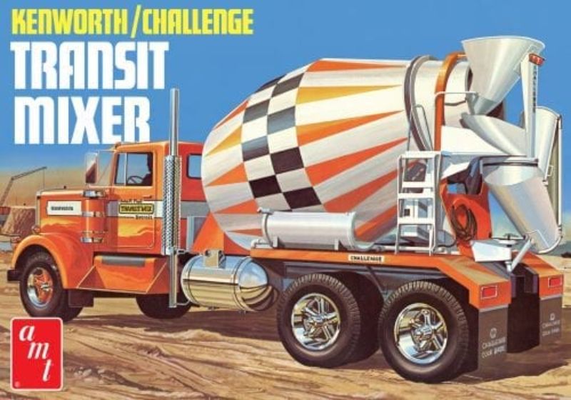 1/25 Kenworth Cement Mixer model kit with rotating drum, chrome parts, and customizable details for experienced builders.