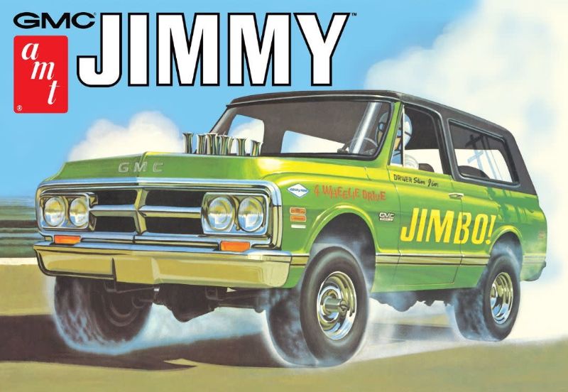 1/25 scale model kit of the 1972 GMC Jimmy, featuring stock and drag racer options with detailed engine components.