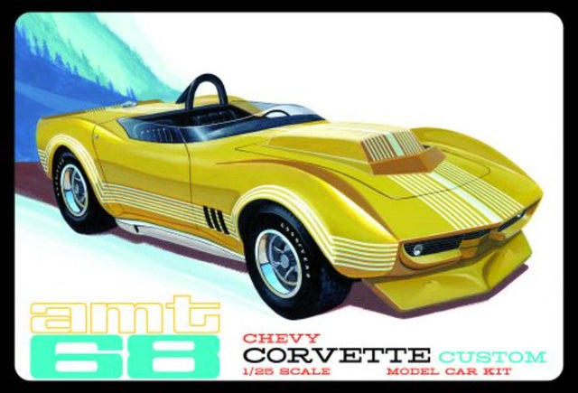 Model kit of a 1968 Corvette with over 155 parts for customization, featuring drag slicks and unique decals.