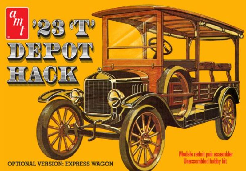 1/25 scale model kit of the 1923 Ford T Depot Hack featuring detailed wood grain textures and vintage design elements.