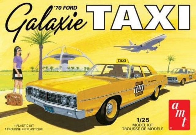 1/25 scale model of a 1970 Ford Galaxie Taxi with 80 intricate parts and vibrant decals, ideal for model building enthusiasts.