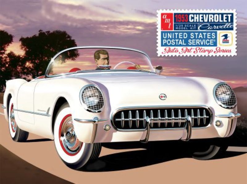 1/25 scale model kit of a '53 Corvette in USPS-themed collectible tin, featuring detailed parts and chrome finishes.