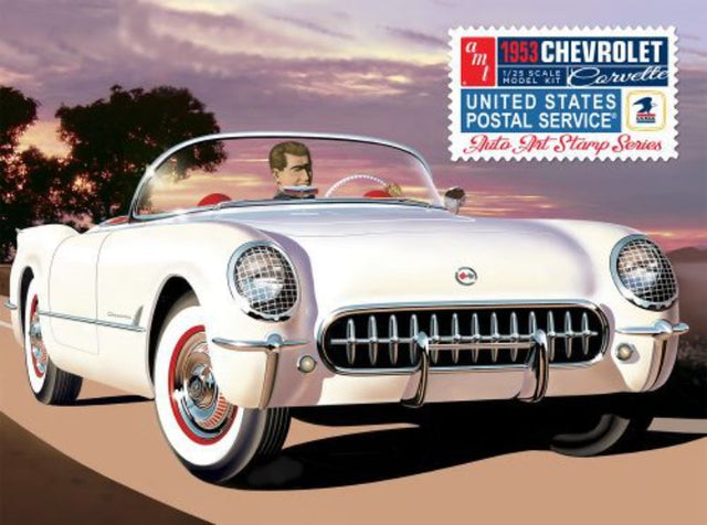 1/25 scale model kit of a '53 Corvette in USPS-themed collectible tin, featuring detailed parts and chrome finishes.