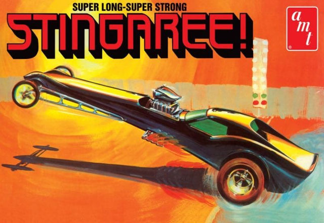 Detailed model kit of the 1/25 Stingaree Custom Dragster featuring a blown engine and vibrant decals for creative customizing.