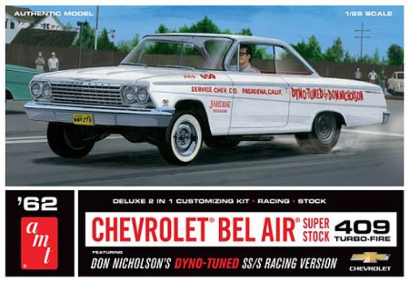 1/25 '62 Bel Air SS 'Nicholson plastic model kit showcasing a detailed classic muscle car with 409 Turbo engine components.