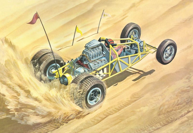 1/25 scale Sandkat Dune Dragster model kit in yellow, featuring chrome details and over 65 detailed parts for customization.