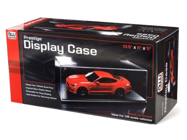 Crystal-clear 1/18 scale display case with backdrop, perfect for showcasing and protecting die-cast models.