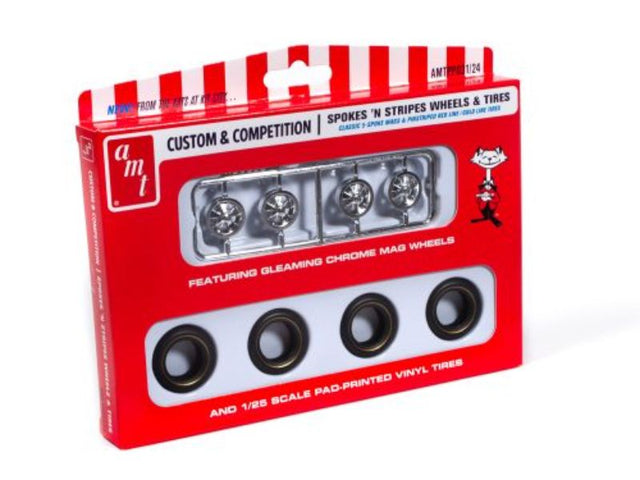 1/25 scale Plastic Kitset featuring classic 5-spoke mags and pinstriped red and gold line tires for model cars.