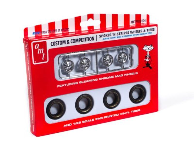 1/25 scale Plastic Kitset featuring classic 5-spoke mags and pinstriped red and gold line tires for model cars.