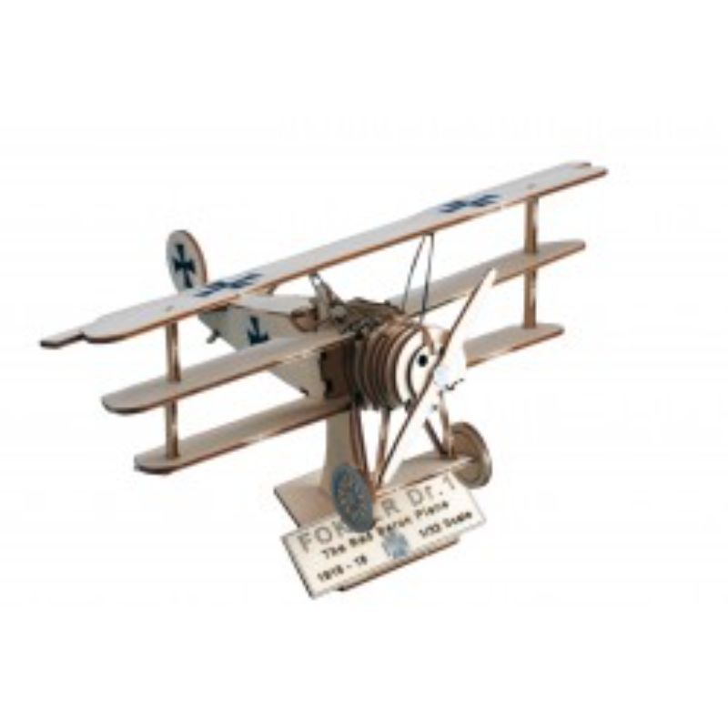 1/32 scale Fokker Dr.1 model kit with precision laser-cut wooden parts, perfect for aviation enthusiasts.