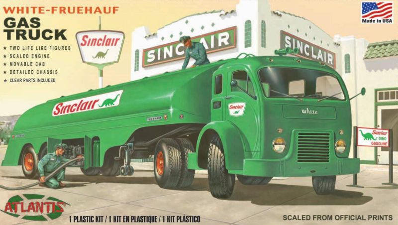 1/48 Vintage Gas Truck Sinclair model kit featuring a detailed chassis, tilting cab, detachable trailer, and clear windows.