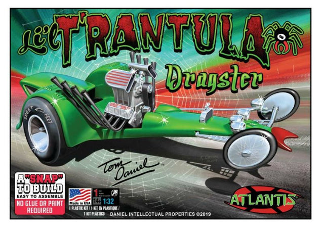 1/32 SNAP Lil' Trantula model kit featuring a vivid green design with spider leg pipes and a unique spider web base.