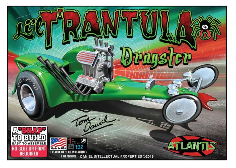1/32 SNAP Lil' Trantula model kit featuring a vivid green design with spider leg pipes and a unique spider web base.