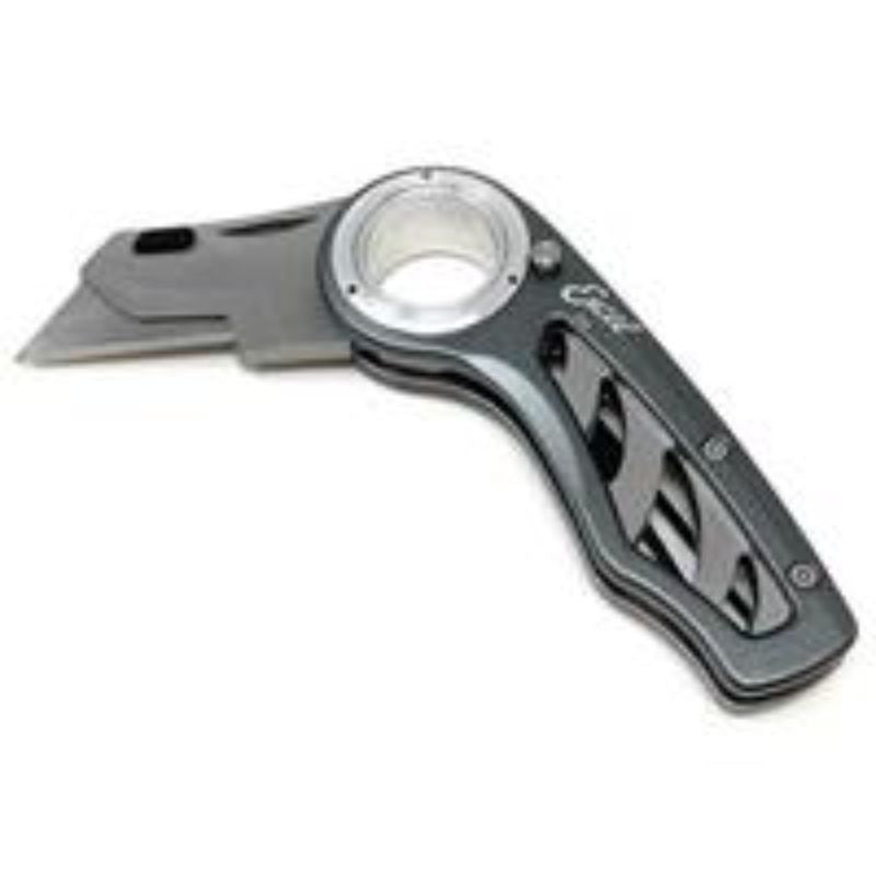 K-60 Folding Utility Knife in grey, featuring three locking positions and a quick blade change mechanism for safe cutting.