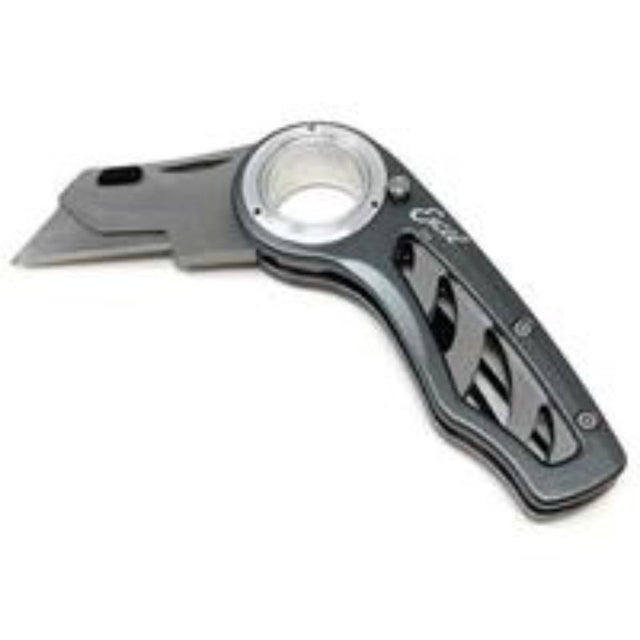 K-60 Folding Utility Knife in grey, featuring three locking positions and a quick blade change mechanism for safe cutting.