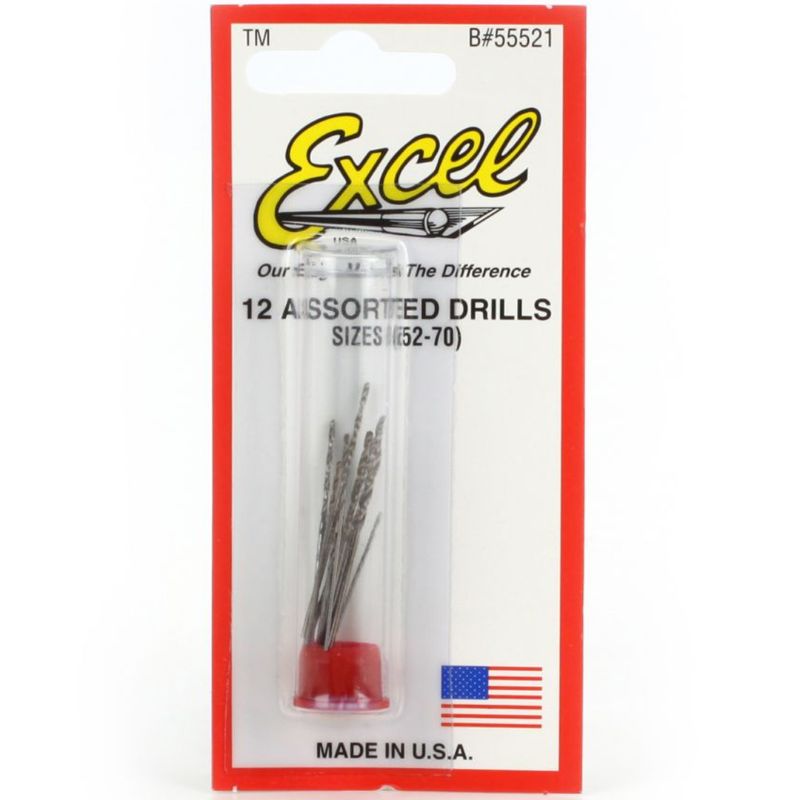 12 assorted micro drill bits in a plastic tube, ideal for precision work on wood, resin, plastics, and more.