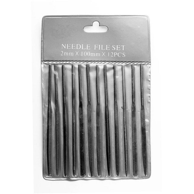 12 piece set of 4-inch mini needle files in pouch for precise sharpening and smoothing of various materials.
