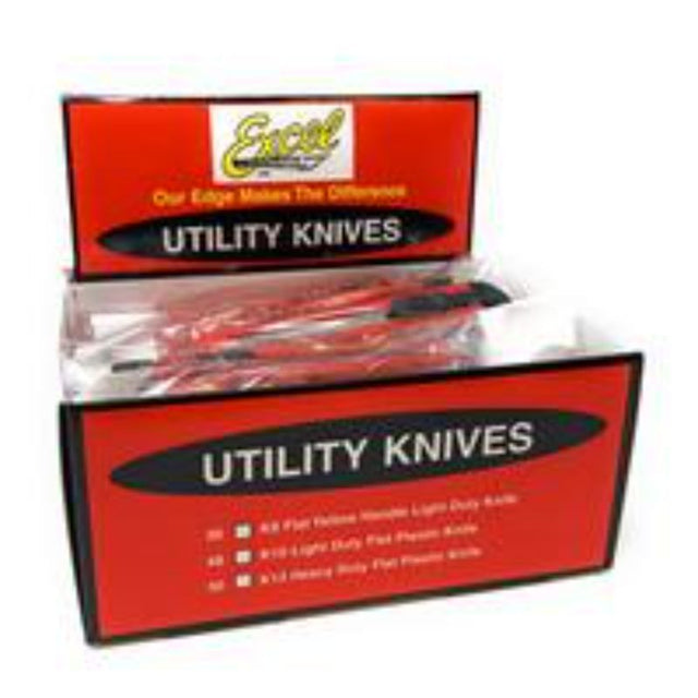 Set of 48 Excel K10 snap-off blade knives, ideal for light-duty cutting tasks with retractable blades and safety push lock.