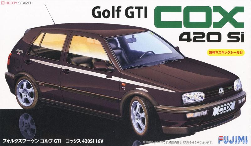 Detailed 1/24 scale plastic model kit of the VW Golf Cox 420 Si 16V, featuring a bolt-on design for easy assembly.
