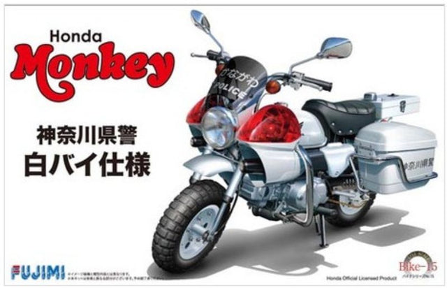 Fujimi 1/12 Honda Monkey Police Bike model kit with police features, including a siren and side boxes, perfect for hobbyists.