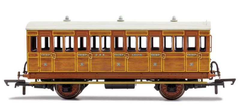 Hornby GNR 4WC, 3rd Class coach with fitted lights, ideal for model train layouts and historical dioramas.
