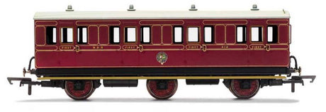 Hornby NBR 6WC 1st Class Coach with gas lamp lighting and Maglight system, ideal for tight curves and historical layouts.