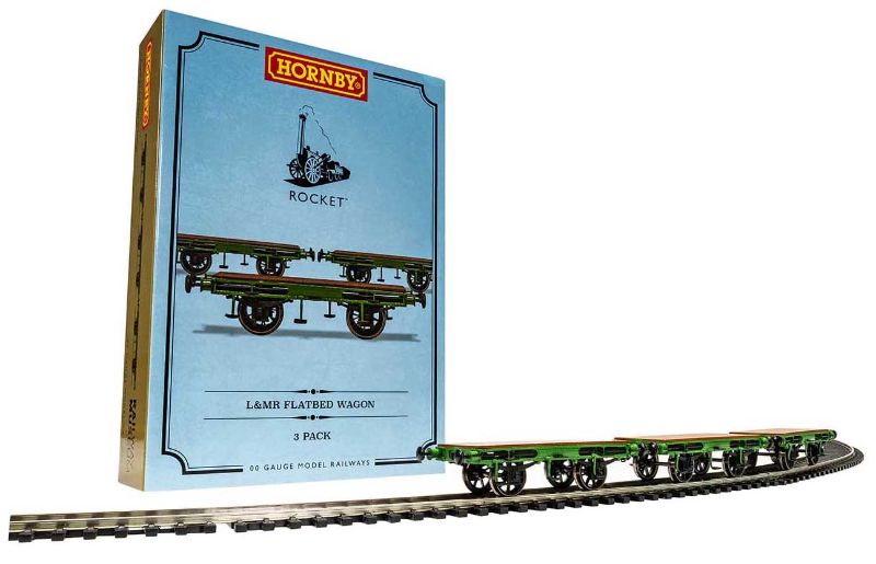Hornby L&MR Flat Bed Wagon Pack featuring three intricately detailed wagons inspired by Stephenson's Rocket.