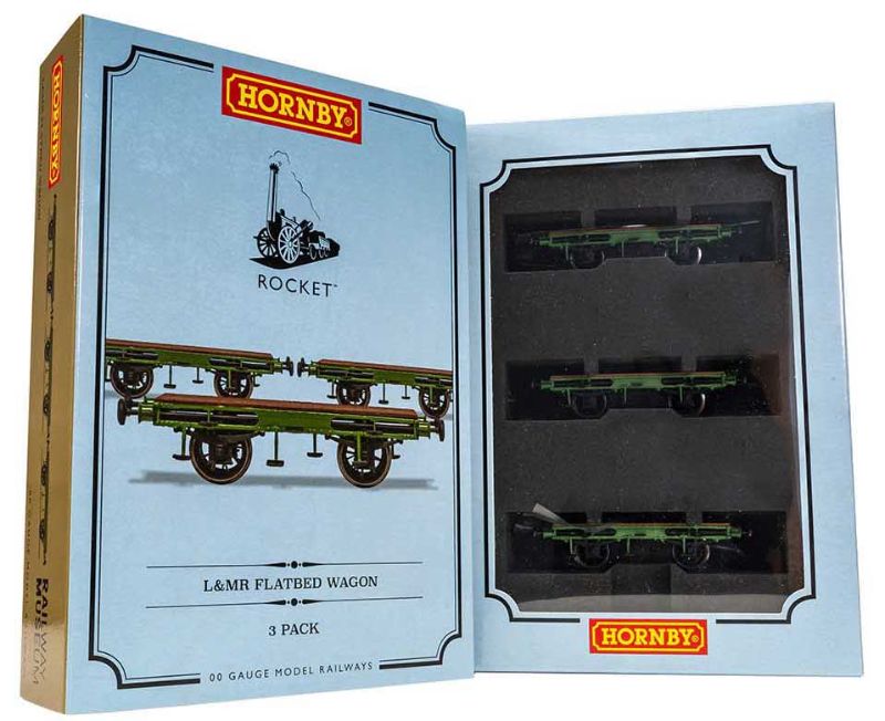 Hornby L&MR Flat Bed Wagon Pack featuring 3 detailed wagons inspired by Stephenson's Rocket for OO gauge railway layouts.