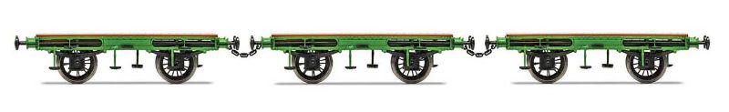 Hornby L&MR Flat Bed Wagon Pack with 3 detailed wagons inspired by Stephenson's Rocket for OO gauge layouts.