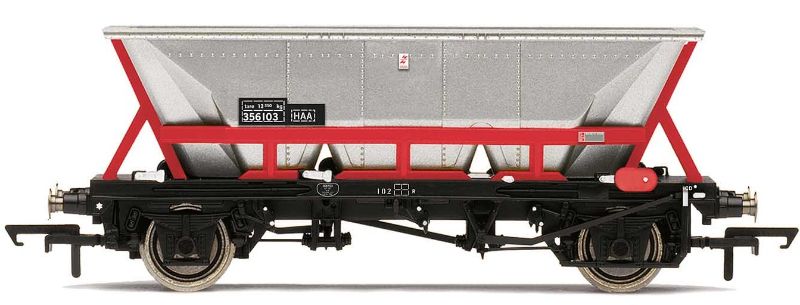 Hornby HAA Hopper model in BR Railfreight livery, showcasing intricate details of a key coal transportation wagon from 1964-1977.