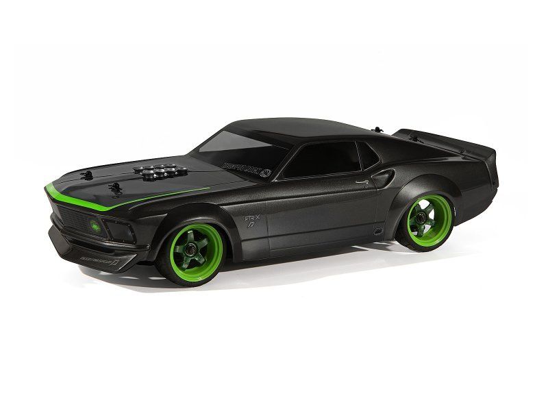 Clear polycarbonate body of the '69 Mustang RTR-X for 1/10 RC cars, featuring detailed vinyl decals and pre-cut masks.