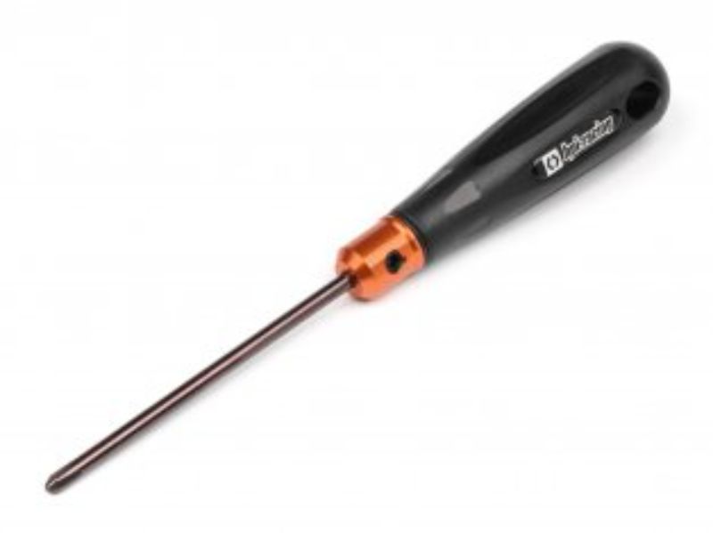 Durable 4mm Phillips screwdriver for RC car maintenance with large grip handle and orange-anodized accents.