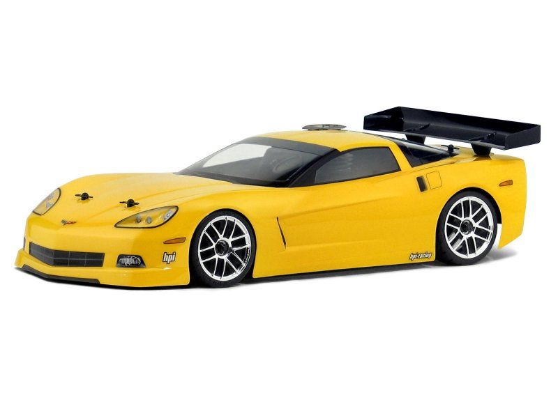 Corvette C6 RC car body shell for 1/10 touring cars, includes die-cut decals, overspray film, and durable polycarbonate design.