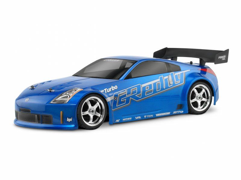200mm Nissan 350Z GReddy body for 1/10 touring cars, showcasing precise details and high-performance aesthetics.