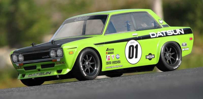 HPI Racing Datsun 510 body shell for 1:10 RC cars, featuring vintage design, pre-drilled holes, and high-quality decals.