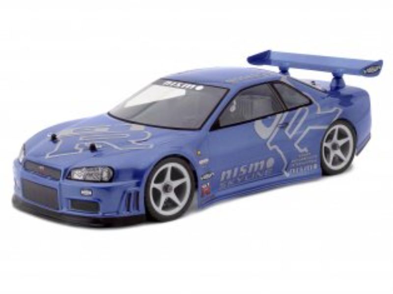 1/10 scale body shell of Nissan Skyline R34 GT-R, featuring photorealistic decals and durable polycarbonate design.