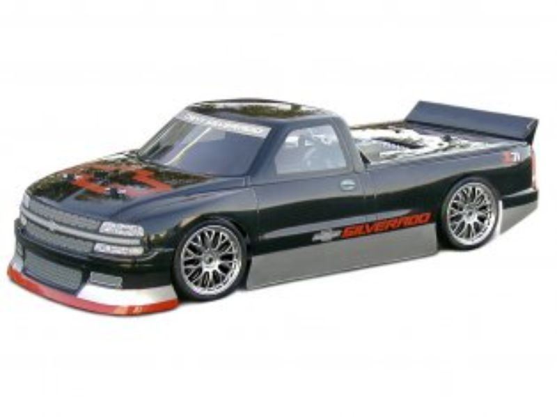 200mm Chevrolet Silverado body for RC cars; features decals, spoiler, and protective film for racing enthusiasts.