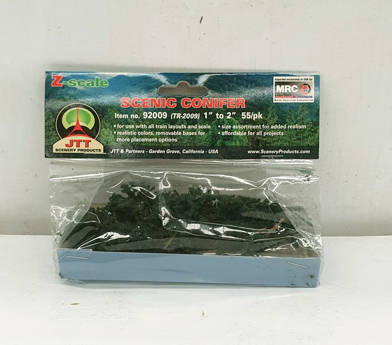 Bulk pack of 55 conifer trees, 25-50mm tall, ideal for enhancing model landscapes with realistic greenery.