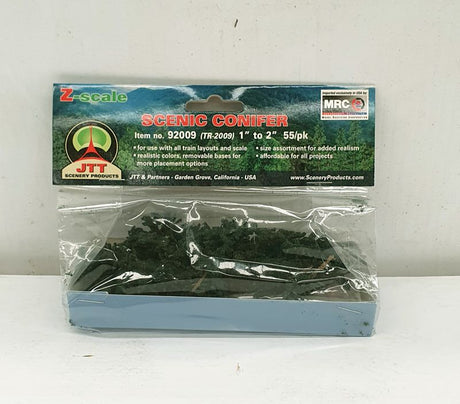 Bulk pack of 55 conifer trees, 25-50mm tall, ideal for enhancing model landscapes with realistic greenery.