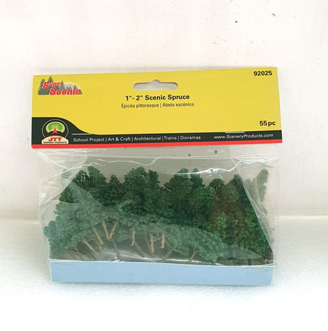Bulk pack of 55 realistic Econo-Spruce trees, 25-50mm tall, ideal for model landscapes and dioramas.